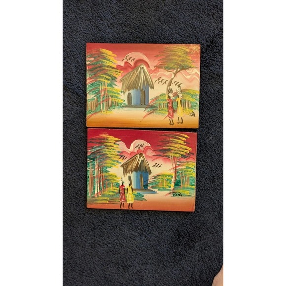 Other - Pair Haitian Paintings Village‎ And People 2 Pictures Colorful 8 X 6
